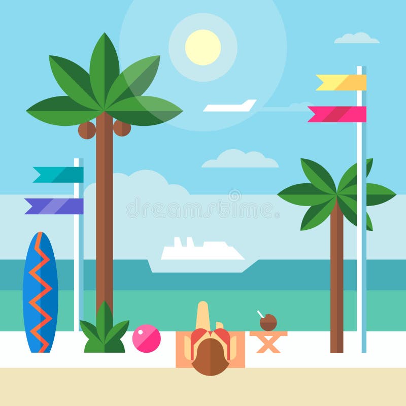 Landscape border with beautiful girl sunbathing at the beach. Vector flat illustration