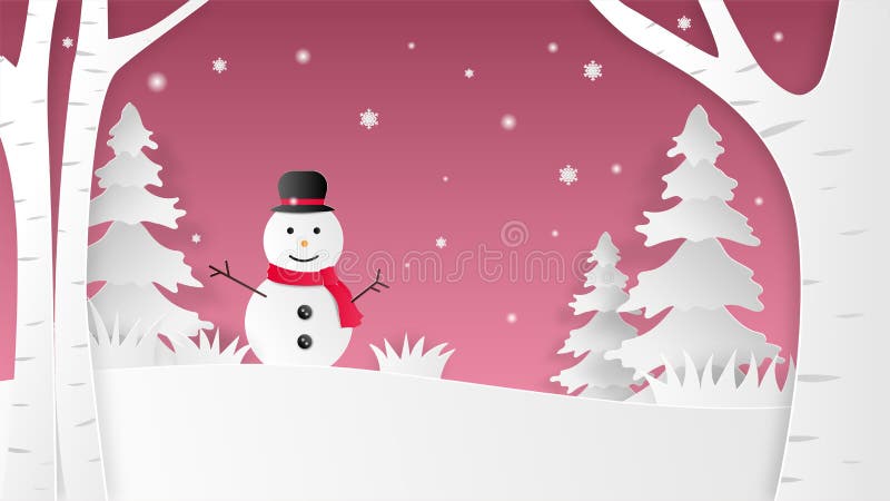 Landscape of Christmas winter background with happy snowman on snow field in paper cut style. Vector illustration. Backdrop, banner.