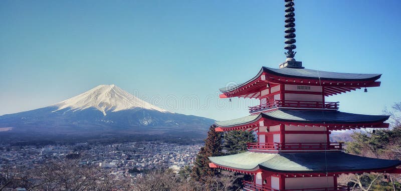 Landscape of Chureito pagoda with Fuji Mountain at Fujiyoshida. stock photo