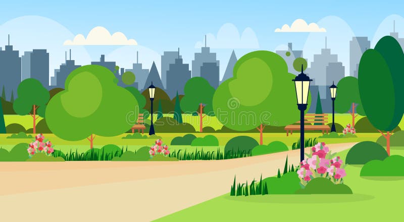 Vector Cartoon Illustration of a Modern Empty City Park with ...