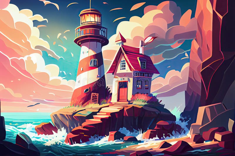 Landscape of Colorful Lighthouse. Ai Generated Stock Illustration ...