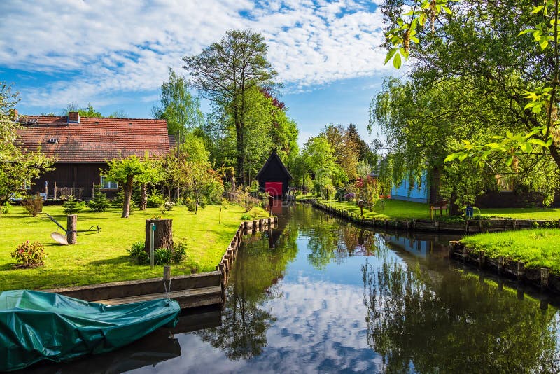 Landscape with cottages in the Spreewald area, Germany