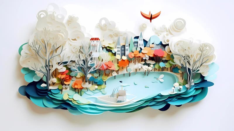 Landscape paper cut art quilling paper art style 3D paper cut. AI generated  image. ilustração do Stock