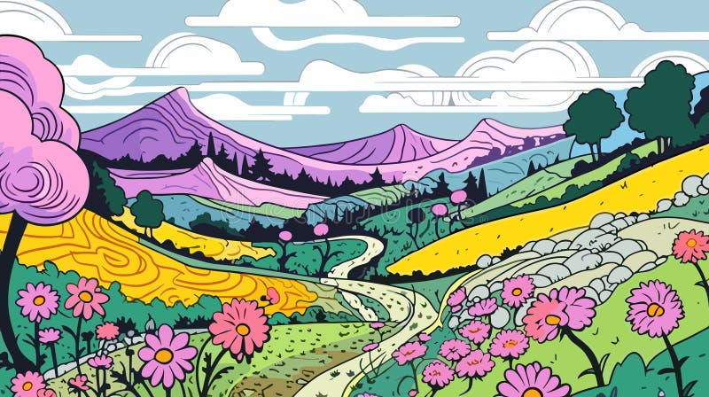 A Landscape With Flowers And Mountains - Landscape of easter with eggs spring flowers vector illustration