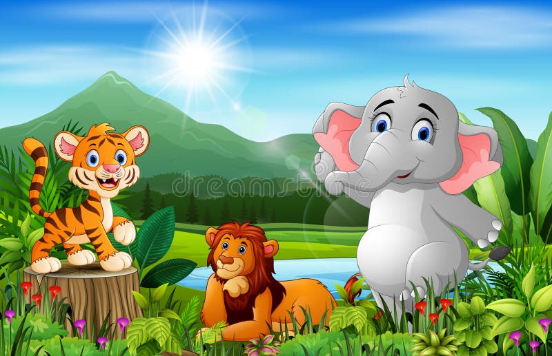 Landscape Forest Cartoon of Green in Spring with Animals Stock Vector