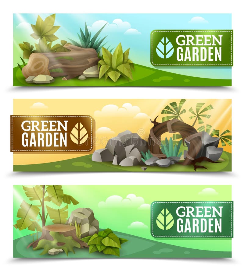 Modern landscape elements design 3 horizontal banners set with tropical plants rock garden compositions isolated vector illustration. Modern landscape elements design 3 horizontal banners set with tropical plants rock garden compositions isolated vector illustration