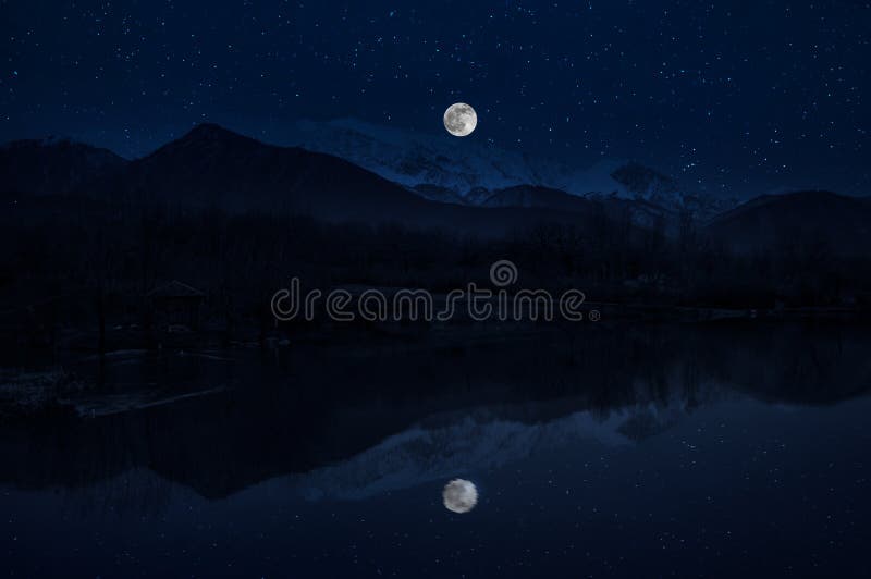 Landscape Of Gorgeous Full Moon Over The Snow Capped Mountains Reflected In The Lake Or Mysterious Night Sky With Full Moon Stock Image Image Of Beautiful Forest
