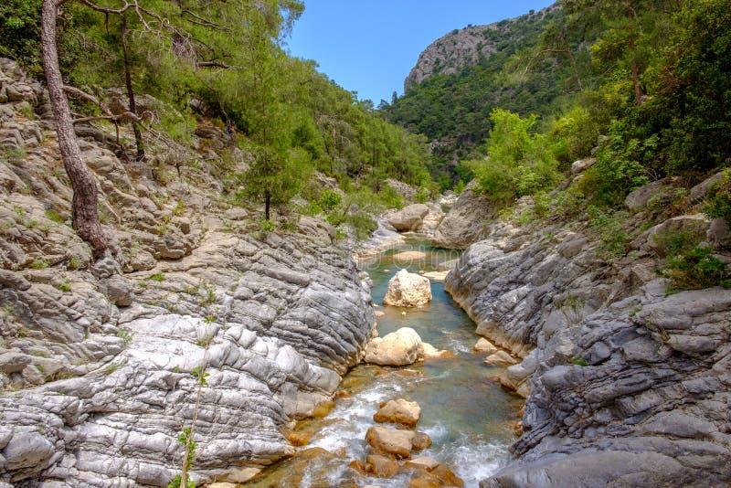 Landscape of Goynuk canyon, Turkey, urquoise water and mountains in the background royalty free stock images Landscape of Goynuk canyon, Turkey, urquoise water and mountains in the background royalty free stock images