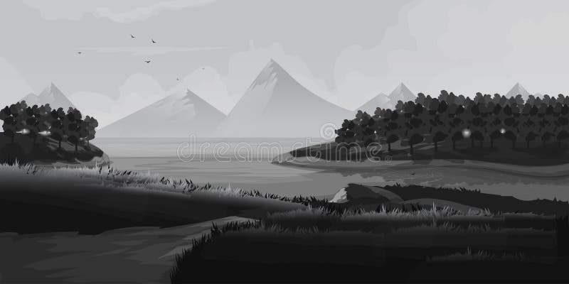 Landscape with Grass and Mountains Vector .Black and White Illustration