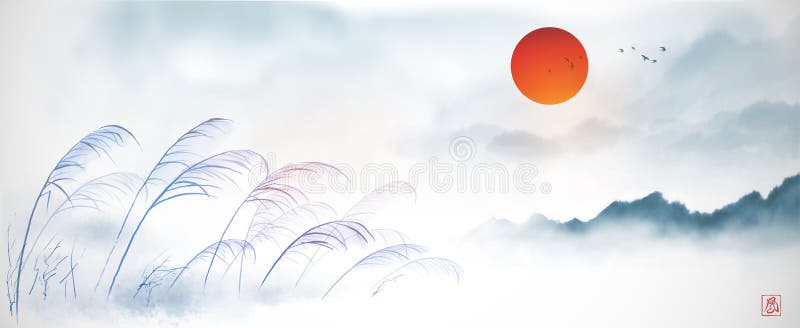 Landscape with grass on the wind, big red sun and distant mountains. Traditional oriental ink painting sumi-e, u-sin, go
