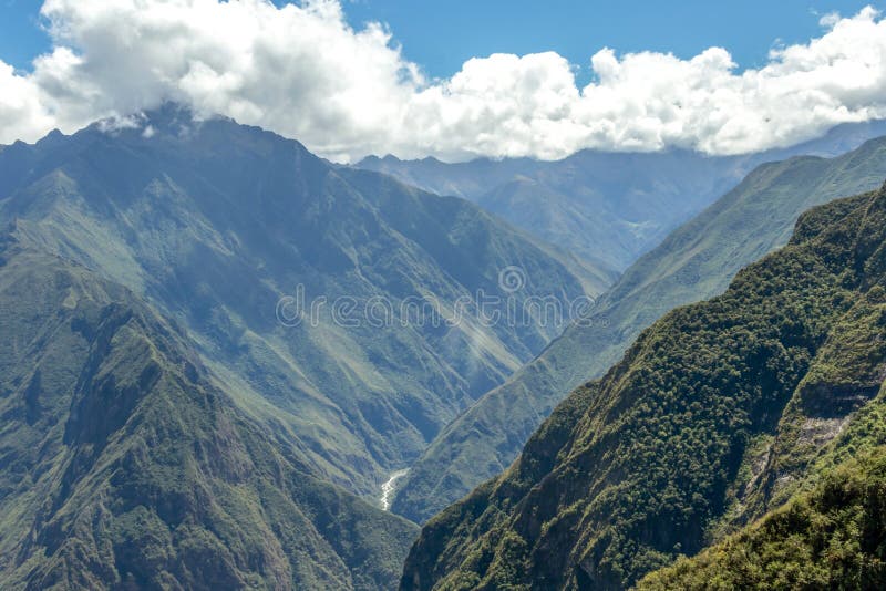 Landscape with green deep valley, Apurimac River canyon, Peruvian Andes mountains on Choquequirao trek in Peru