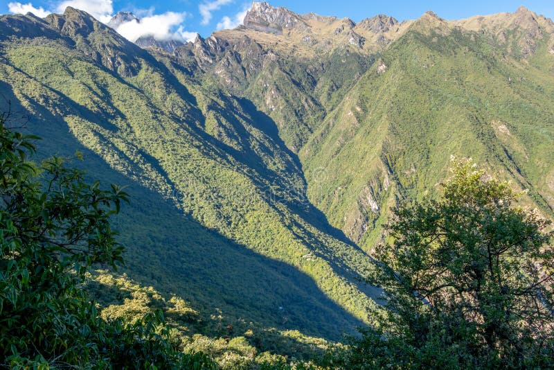 Landscape with green deep valley, Apurimac River canyon, Peruvian Andes mountains on Choquequirao trek in Peru