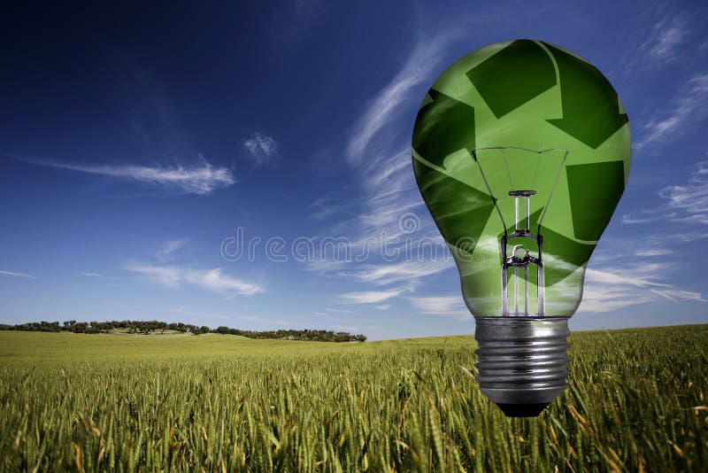 Landscape with Green Recycled Light Bulb Stock Photo Image of future