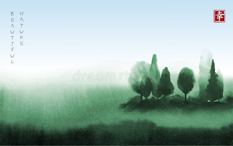 Landscape with green trees in fog hand drawn with ink in asian style. Green misty meadow and blue sky. Traditional