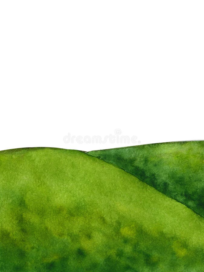 Landscape green watercolor grass field with blur trees background