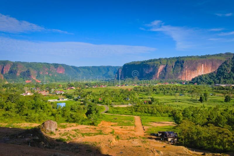 Landscape Harau Valley with Green Fields and Mountains, Sumatra Stock