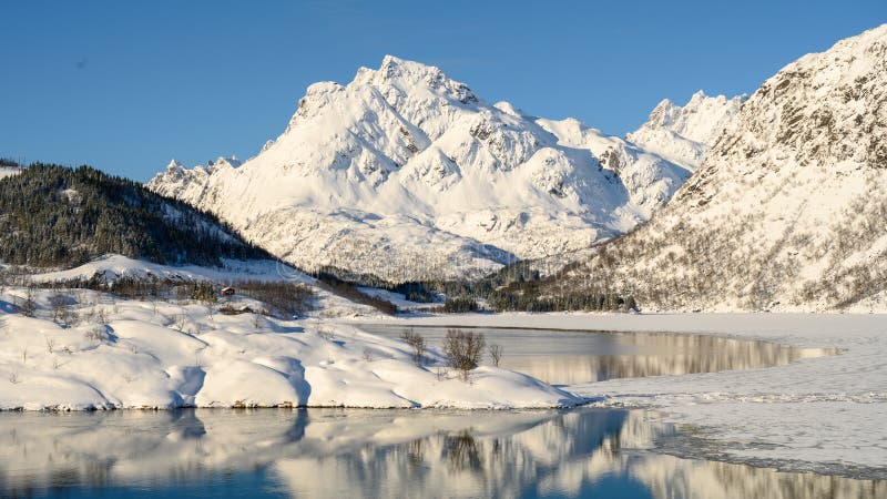 Landscape of Lofoten archipelago in Norway in winter time .