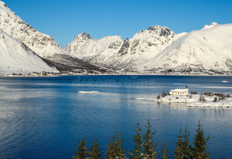 Landscape of Lofoten archipelago in Norway in winter time .