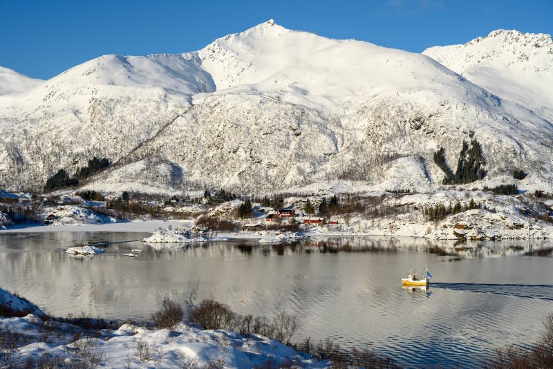 Landscape of Lofoten archipelago in Norway in winter time .