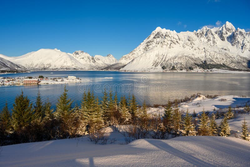 Landscape of Lofoten archipelago in Norway in winter time .