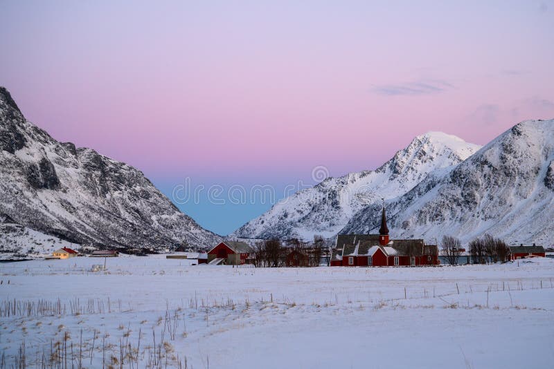 Landscape of Lofoten archipelago in Norway in winter time .