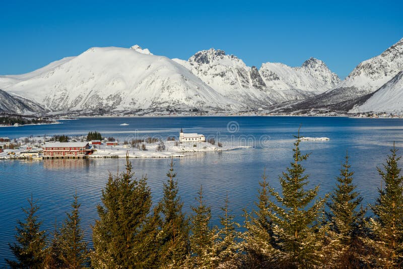 Landscape of Lofoten archipelago in Norway in winter time .