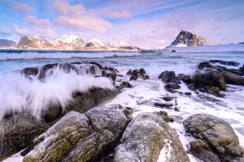 Landscape of Lofoten archipelago in Norway in winter time . Landscape of Lofoten archipelago in Norway in winter time .
