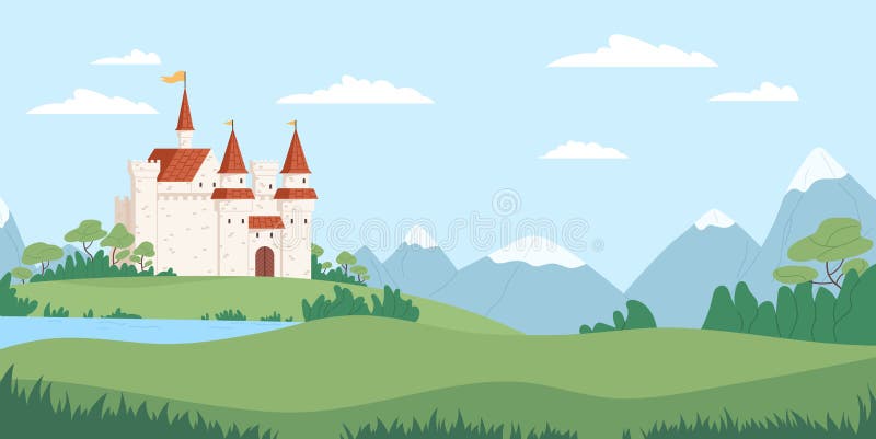 Landscape with medieval castle vector flat illustration. Fairytale fortress near river, mountains and fields. Beautiful