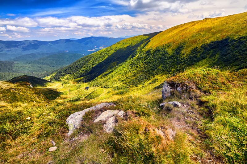 Landscape mountains and green fresh grass under blue sky