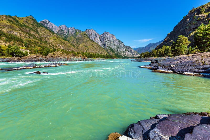 Landscape With Mountains And River Gorny Altai Siberia Russia Stock