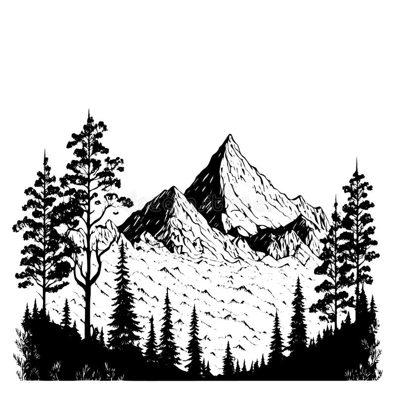 Landscape with Mountains Trees, Hand Drawn Sketch Stock Vector ...