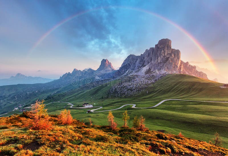 Landscape nature mountan in Alps with rainbow.