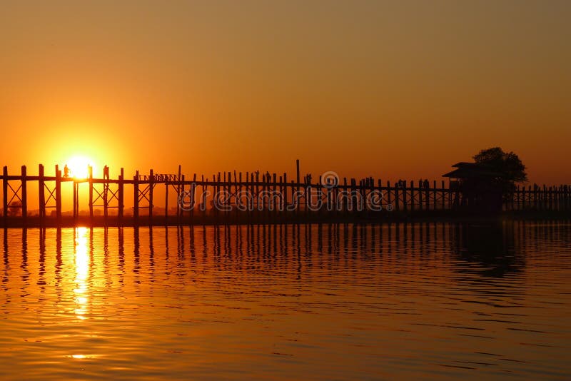 Landscape of an old wooden bridge at sunset