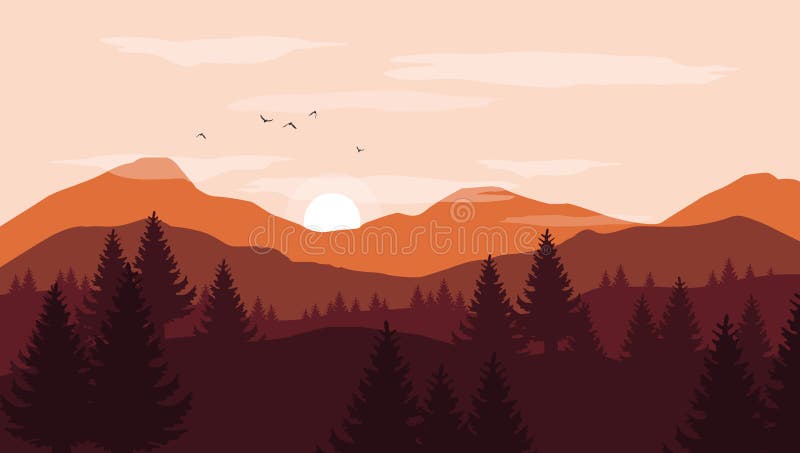 Landscape with orange and red silhouettes of mountains and hills