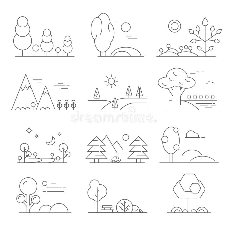 Landscape outline. Mono line symbols of trees and outdoor parks stock illustration Landscape outline. Mono line symbols of trees and outdoor parks stock illustration