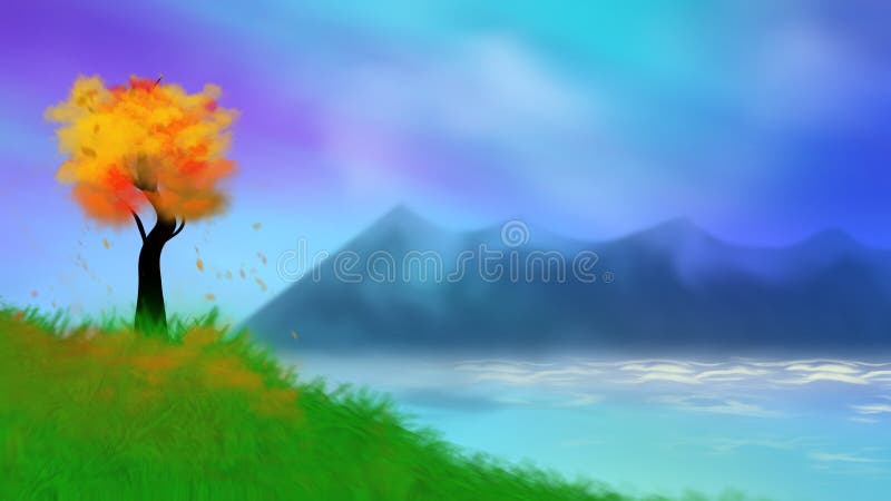 Landscape painting, A tree on hill and sea background.