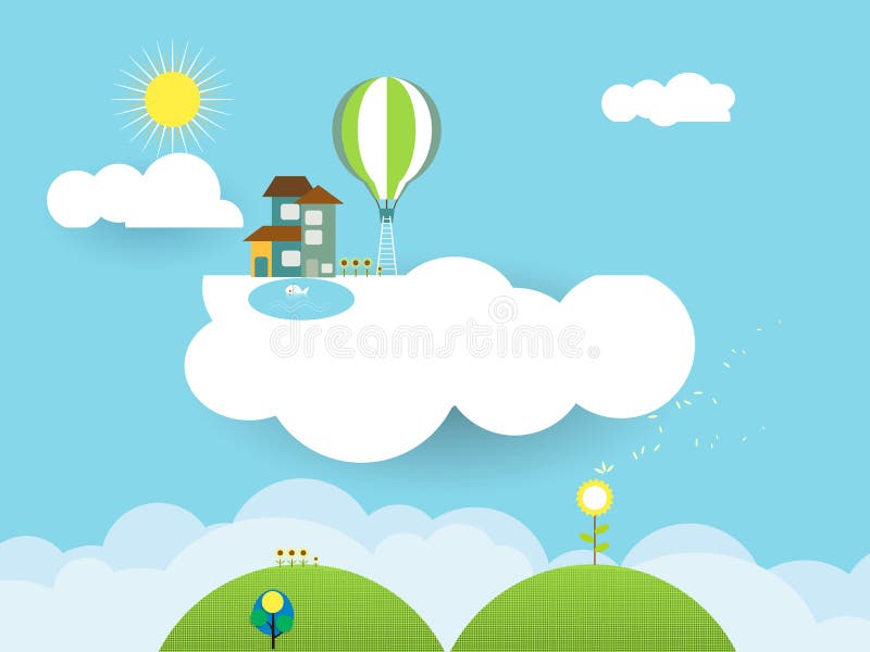 Landscape paper cut-fantasy home on cloud stock illustration