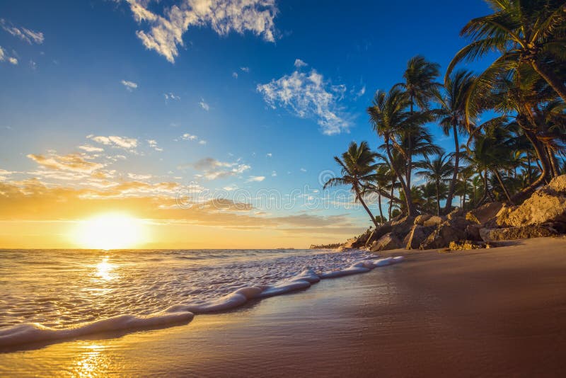 Landscape Of Paradise Tropical Island Beach Sunrise Shot Stock Photo