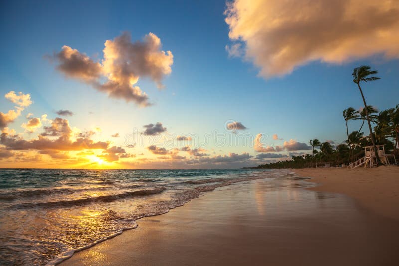 Landscape Of Paradise Tropical Island Beach Sunrise Shot Stock Photo