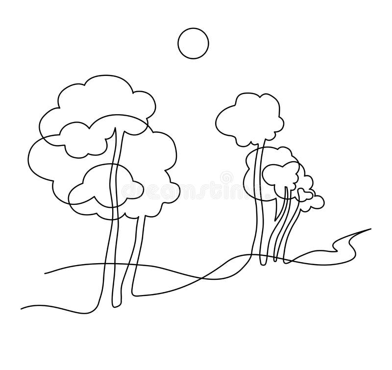 Landscape Park with Path and Trees. Continuous Line Drawing ...