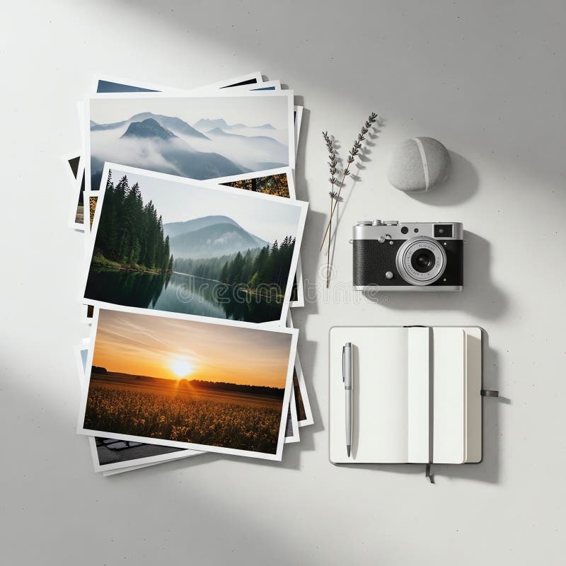 Landscape Photos, Camera, Notebook, and Accessories on White Surface stock illustration