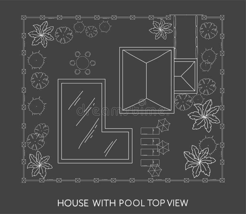 Landscape Plan of the house with swimming pool, furniture and trees in top view