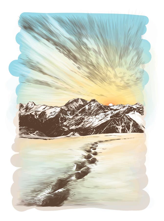 Landscape postcard depicting snowy mountain peaks at sunset vector illustration Landscape postcard depicting snowy mountain peaks at sunset vector illustration