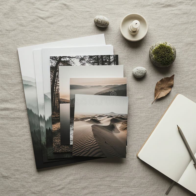 Landscape Prints, Notebook, Candle, and Natural Elements on Linen stock illustration