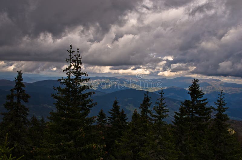 Landscape of Radocelo mountain with dark clouds before a storm