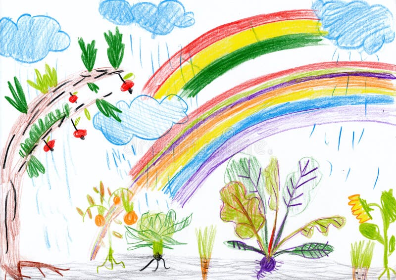 Landscape with rainbow. child drawing.