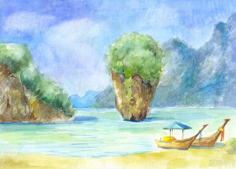 Landscape with rocks, the sea and the boats painted in watercolor. Beach in Phuket, Thailand. Suit for poster, wallpaper, postcard, invitation, cover of notebook