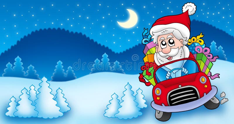 Landscape with Santa Claus driving car