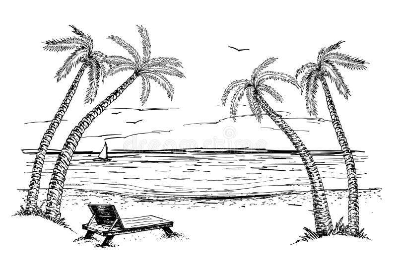 Landscape with Sea and Palm Trees Sketch. Summer Beach Hand Drawn ...