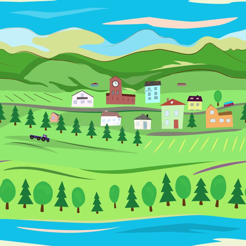 Seamless Landscape, Trees, River And Mountains Stock Vector